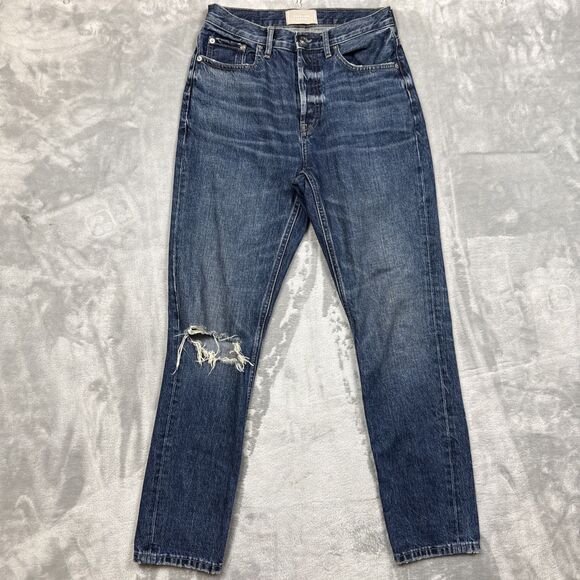 Everlane The Cheeky Jean Women’s 26R Medium Wash Cropped Button Fly Ripped Knee - Picture 1 of 8